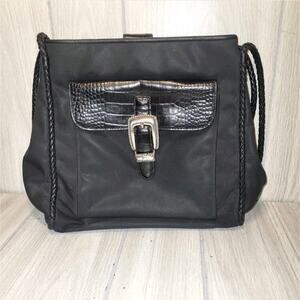 Vtg BRIGHTON Black Vinyl Croc Leather Shoulder Bag Purse Braided Leather Handles